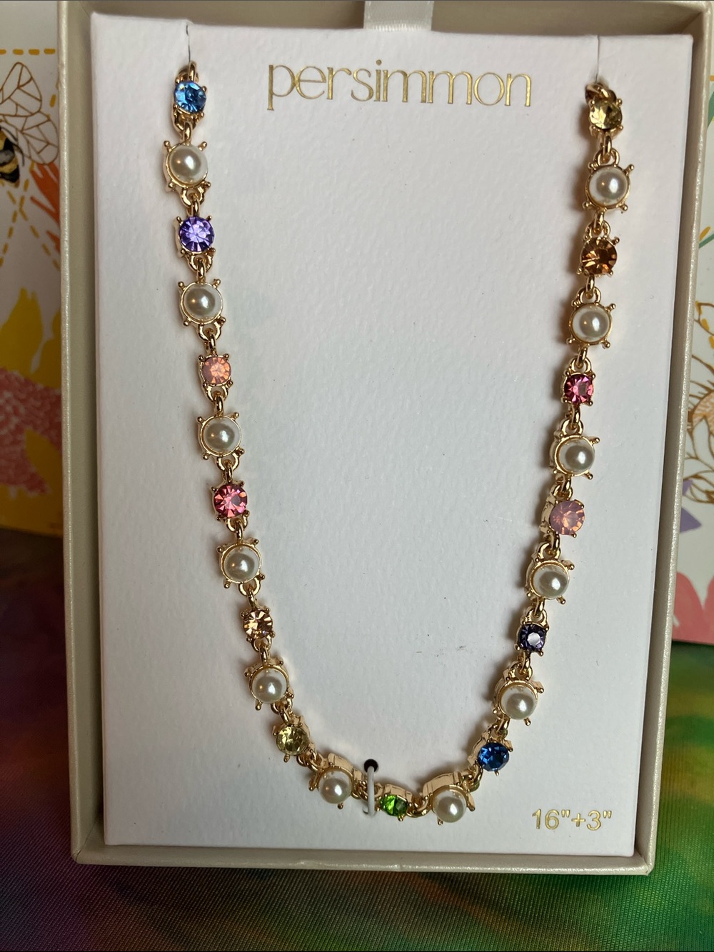 Persimmon Gold Pearl Necklace with Multicolor Crystal Stations & FREE earrings